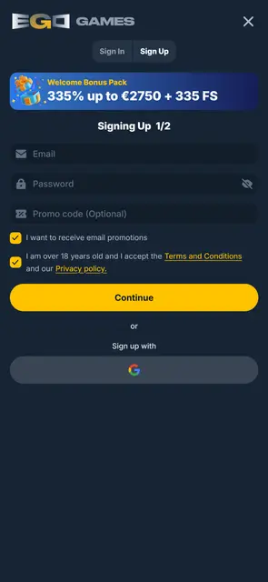EgoGames — registrační formulář v angličtině