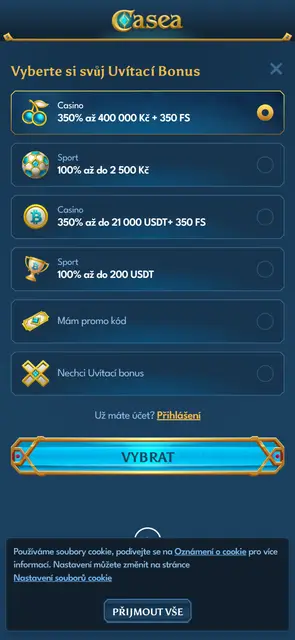 Casea — výběr uvítacího bonusu v češtině